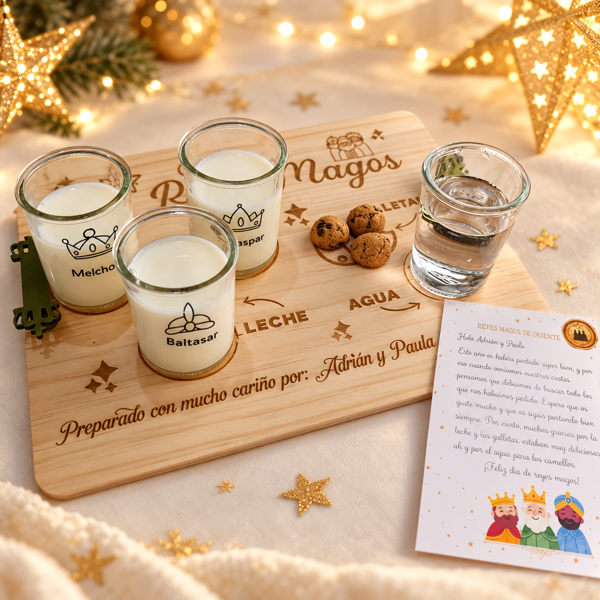 Tres vasos de los Reyes Magos con sus nombres y motivos ilustrados.