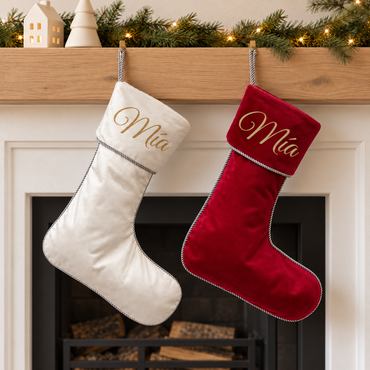 Dos botas de Navidad en blanco marfil y rojo granate con el nombre Mía en letras doradas, colgadas de una chimenea.