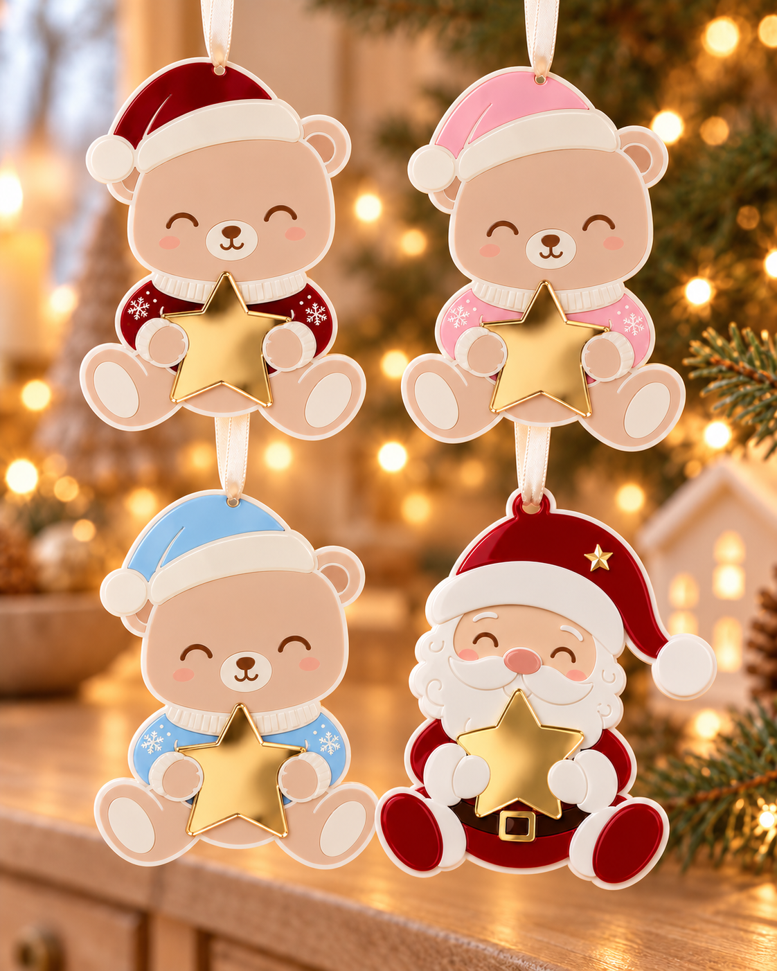 Adorno de Navidad personalizado | Osito Teddy y Papá Noel