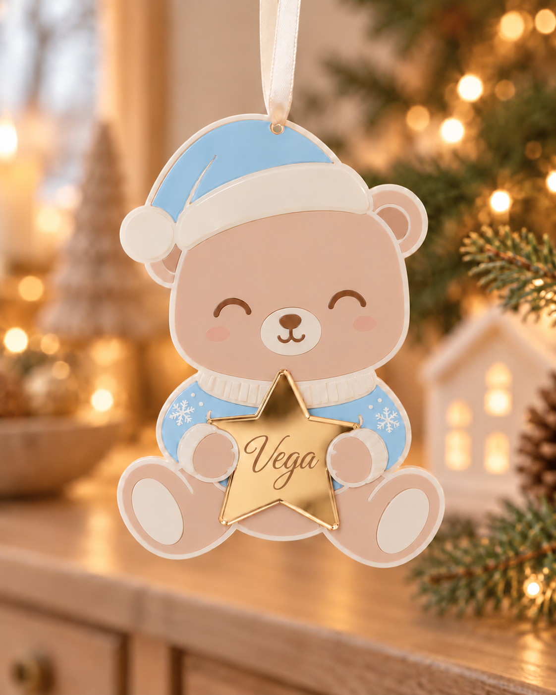 Adorno de Navidad personalizado | Osito Teddy y Papá Noel