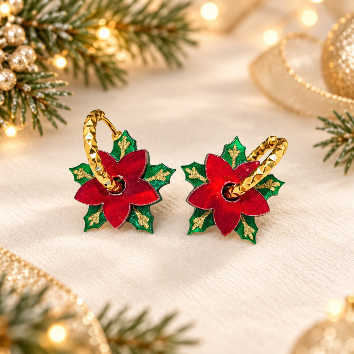 Par de pendientes navideños de flor de Pascua roja y hojas verdes