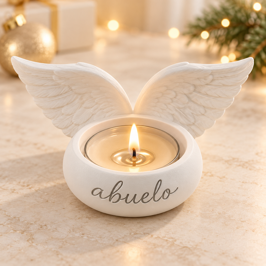 Portavelas blanco de porcelana con alas de ángel en relieve y la palabra abuelo en la base, con una vela encendida.