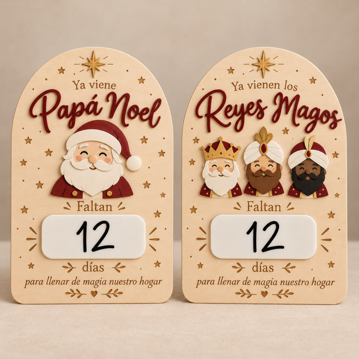 Placas cuenta atrás de Papá Noel y Reyes Magos con estrellas y zona blanca que muestra 12 días.