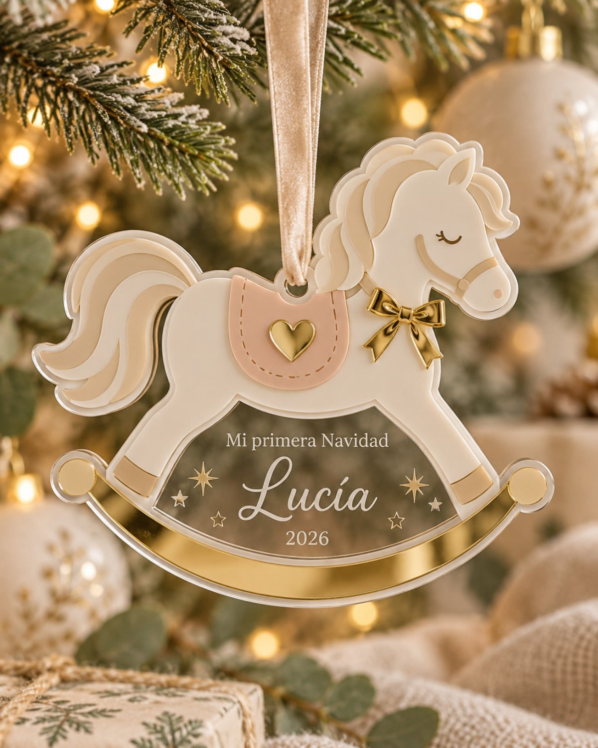 Caballito balancín de Navidad en tonos crema y rosa, con detalles dorados y grabado «Mi primera Navidad», Lucía y 2026.