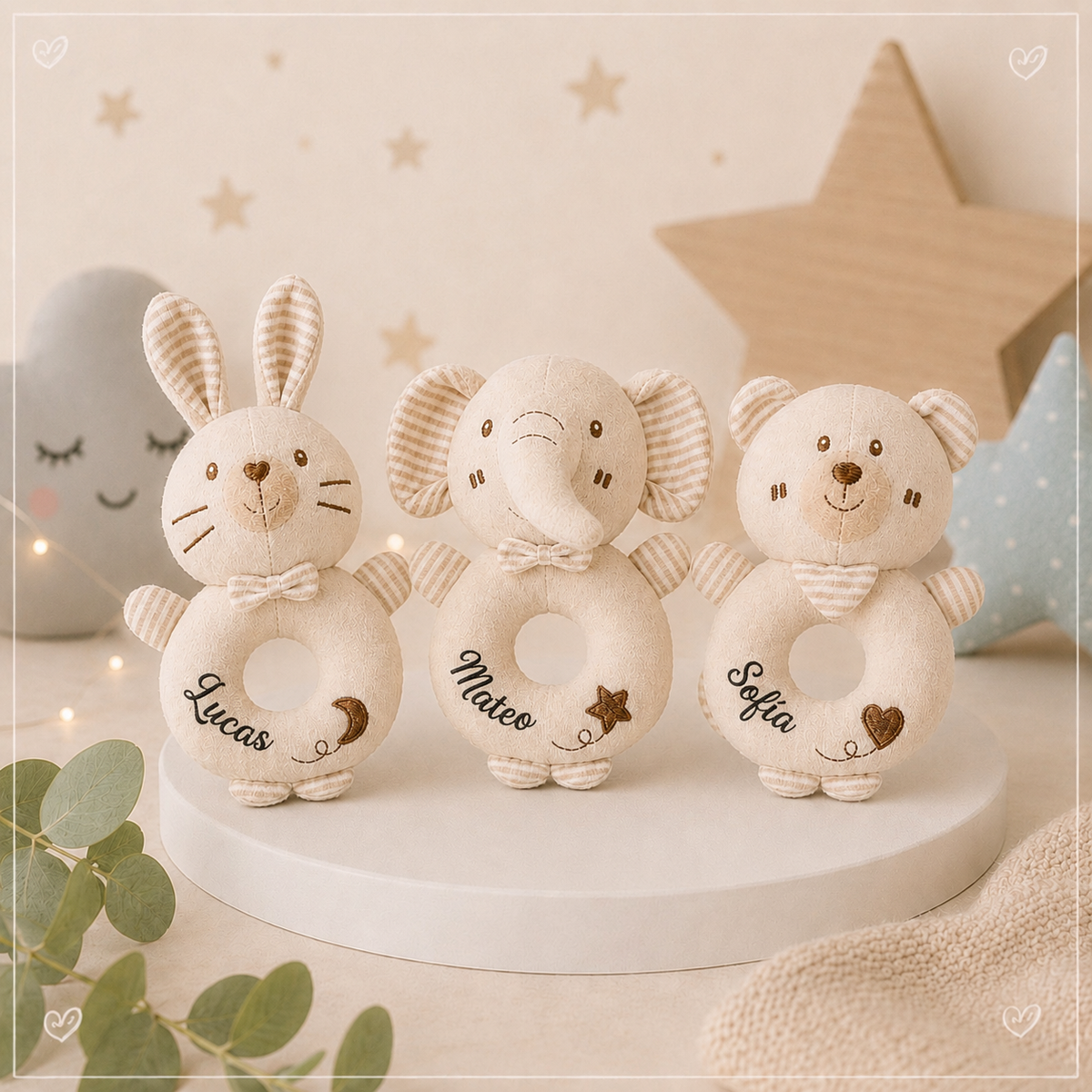 Sonajero de Peluche Personalizado con Nombre para Bebé