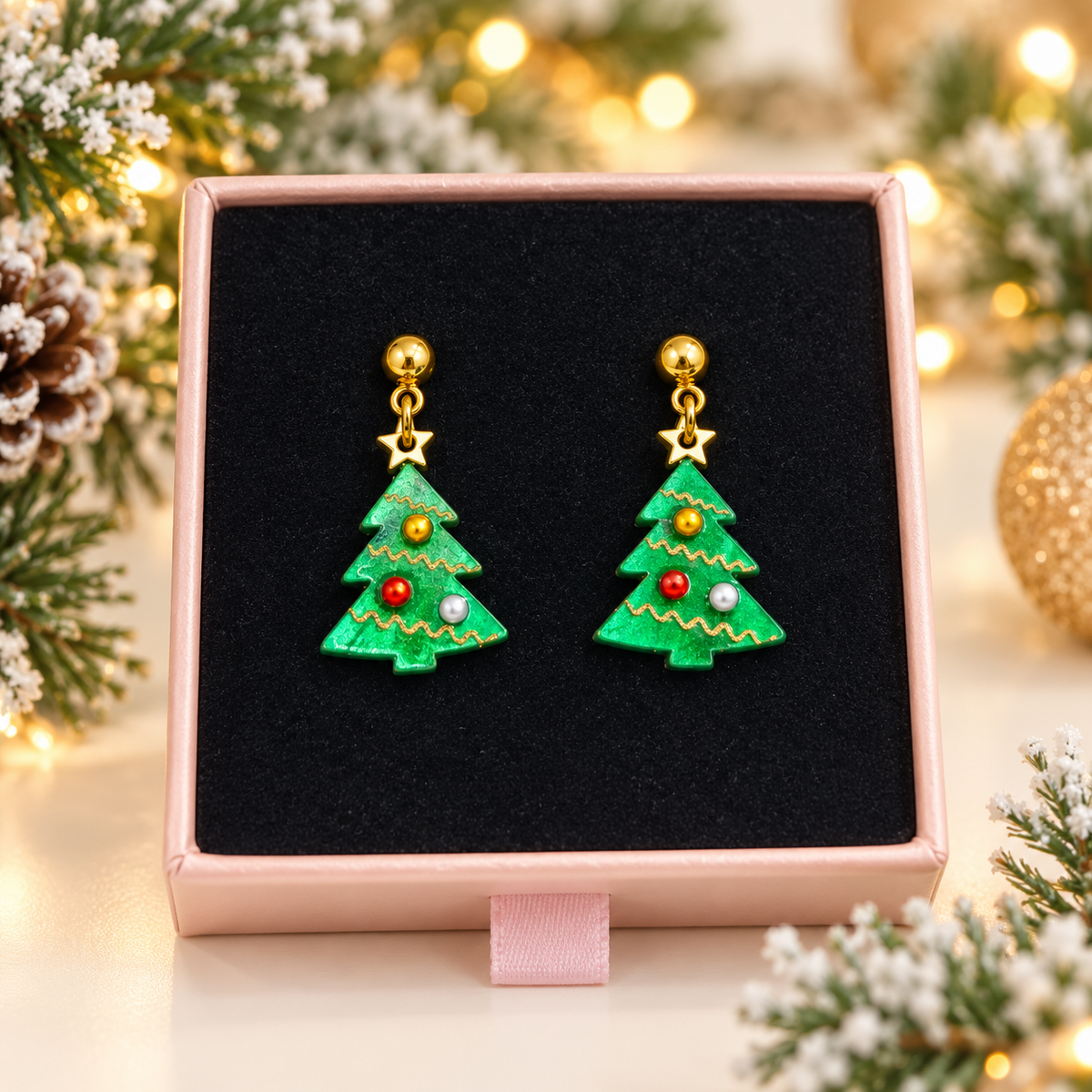 Pendientes dorados de árbol de Navidad con estrella y adornos de colores, presentados en caja rosa
