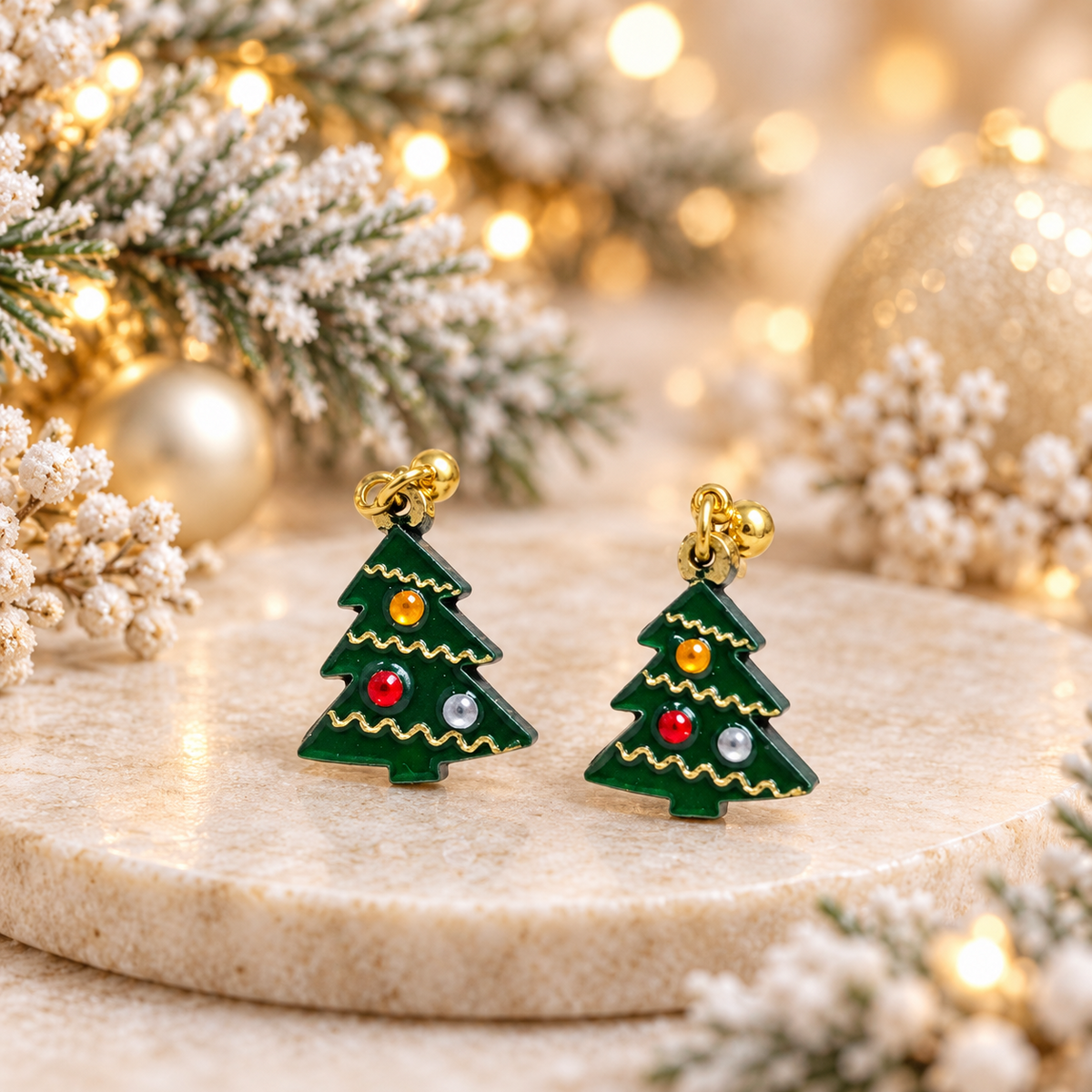 Pendientes de árbol de Navidad con adornos de colores sobre fondo marfil