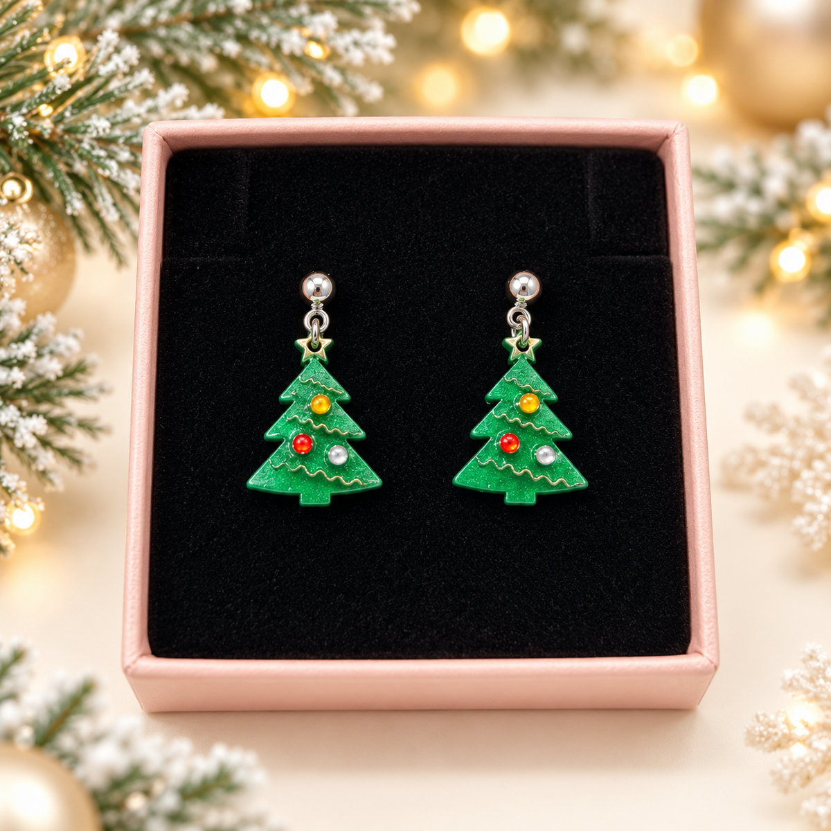 Pendientes plateados de árbol de Navidad con estrella y adornos de colores, presentados en caja rosa